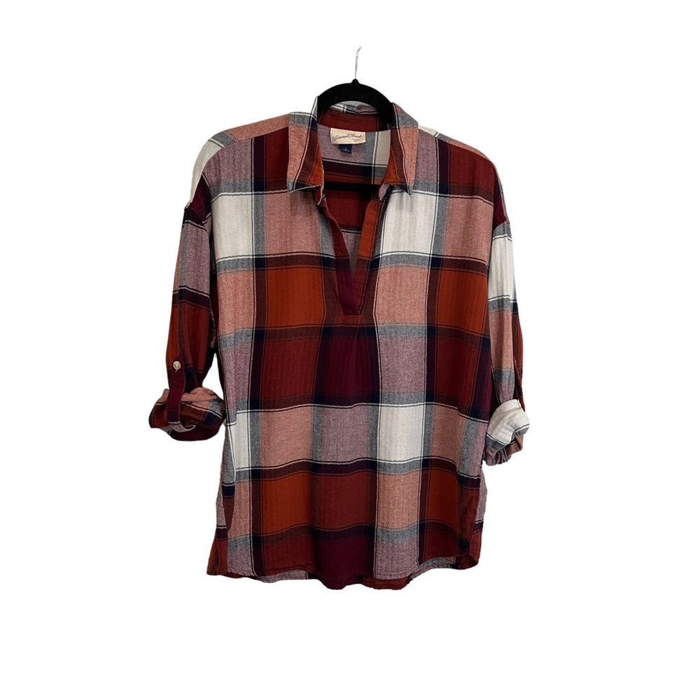 Universal Thread Plaid Popover Split Neck Roll Tab Sleeve Flannel Womens Size L